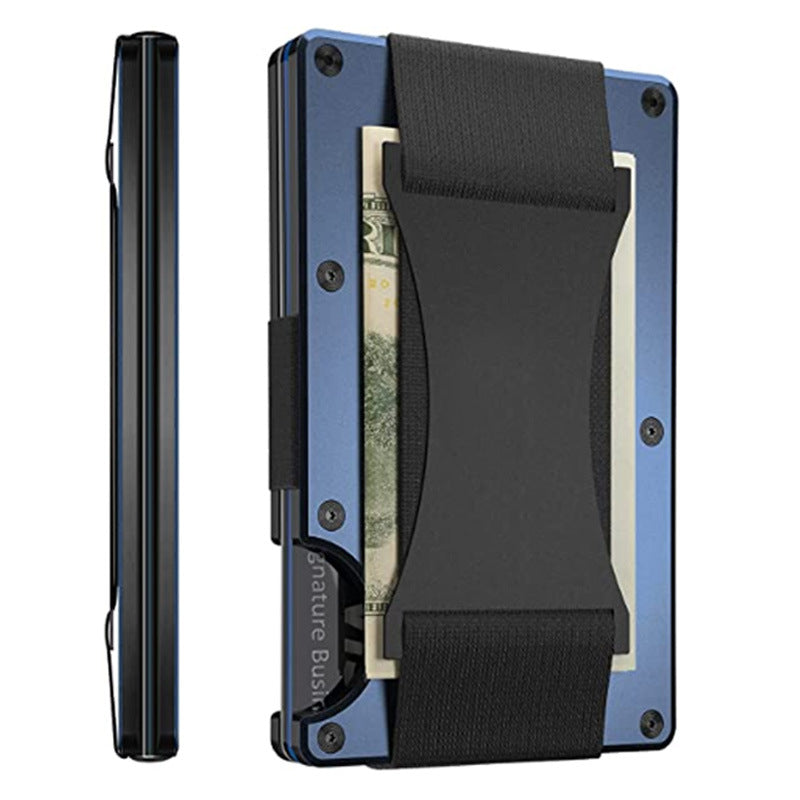 Slim RFID-Blocking Metal Card Holder Wallet with Elastic Cash Strap – Holds 15 Cards