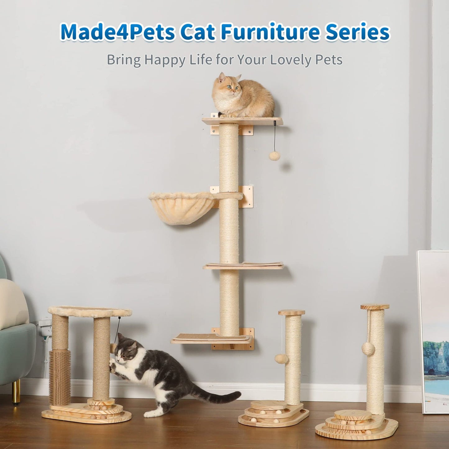 4-in-1 Cloud Cat Scratching Post with Ball Track & Groomer | Multi-Level Cat Tower Play Center