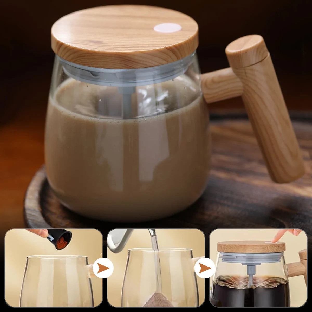 Self-Stirring Glass Coffee Mug 400 ml – Automatic Electric Mixing Cup with Wooden Handle