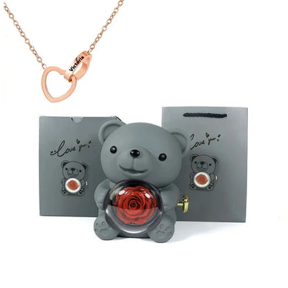 Eternal Rose Teddy Bear with Necklace – Luxury Rotating Jewelry Box Gift Set for Her (Valentine’s, Anniversary, Birthday)