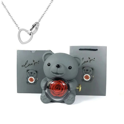 Eternal Rose Teddy Bear with Necklace – Luxury Rotating Jewelry Box Gift Set for Her (Valentine’s, Anniversary, Birthday)
