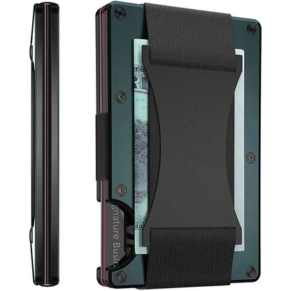 Slim RFID-Blocking Metal Card Holder Wallet with Elastic Cash Strap – Holds 15 Cards