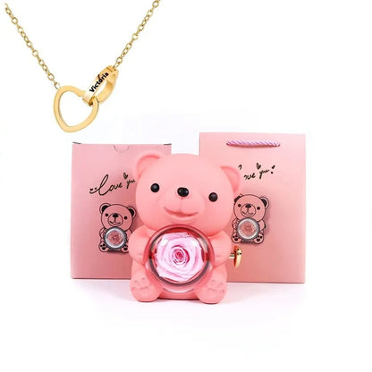 Eternal Rose Teddy Bear with Necklace – Luxury Rotating Jewelry Box Gift Set for Her (Valentine’s, Anniversary, Birthday)