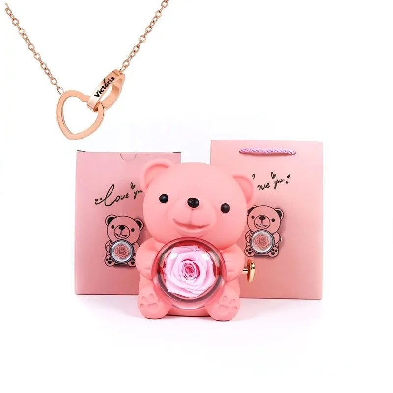 Eternal Rose Teddy Bear with Necklace – Luxury Rotating Jewelry Box Gift Set for Her (Valentine’s, Anniversary, Birthday)