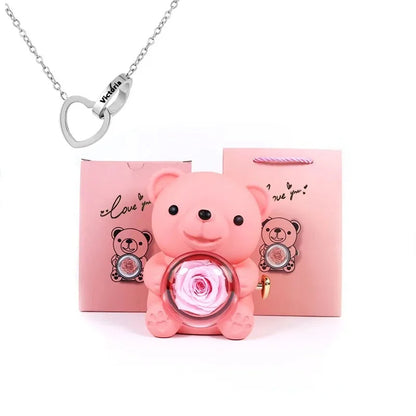 Eternal Rose Teddy Bear with Necklace – Luxury Rotating Jewelry Box Gift Set for Her (Valentine’s, Anniversary, Birthday)
