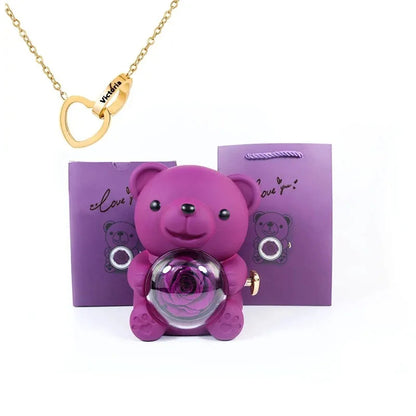 Eternal Rose Teddy Bear with Necklace – Luxury Rotating Jewelry Box Gift Set for Her (Valentine’s, Anniversary, Birthday)