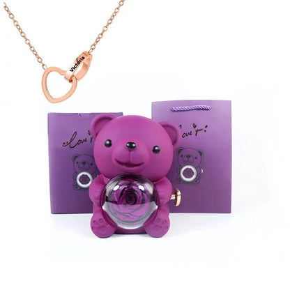Eternal Rose Teddy Bear with Necklace – Luxury Rotating Jewelry Box Gift Set for Her (Valentine’s, Anniversary, Birthday)