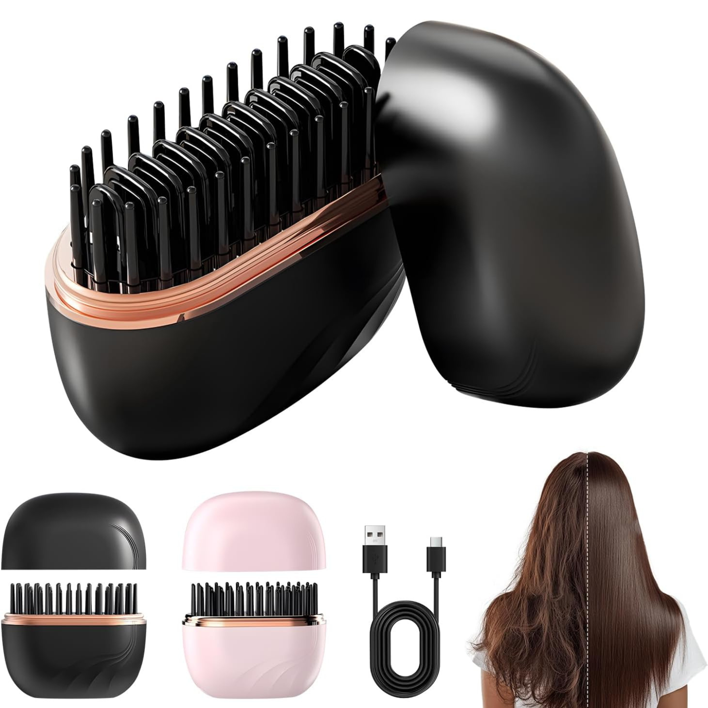 Mini Cordless Hair Straightener Brush – USB-C Rechargeable Portable Travel Straightening Comb with 3 Heat Settings – Gift for Her