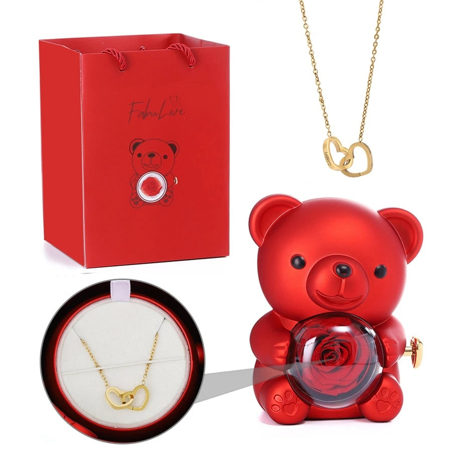 Eternal Rose Teddy Bear with Necklace – Luxury Rotating Jewelry Box Gift Set for Her (Valentine’s, Anniversary, Birthday)