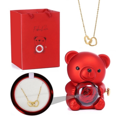 Eternal Rose Teddy Bear with Necklace – Luxury Rotating Jewelry Box Gift Set for Her (Valentine’s, Anniversary, Birthday)