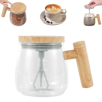 Self-Stirring Glass Coffee Mug 400 ml – Automatic Electric Mixing Cup with Wooden Handle