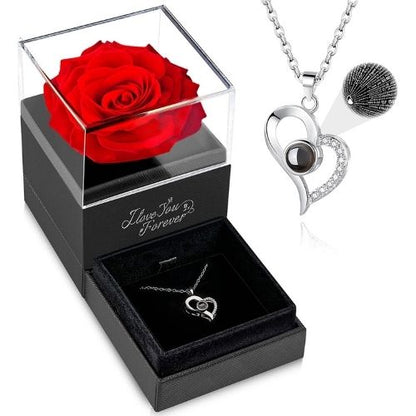 Preserved Eternal Rose with “I Love You” in 100 Languages Necklace – Forever Rose Jewelry Gift Box Set for Her