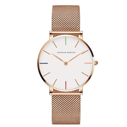 Hannah Martin Women Watch – Japan Quartz Minimalist Rose Gold Mesh Luxury Dress Watch with Colorful Markers