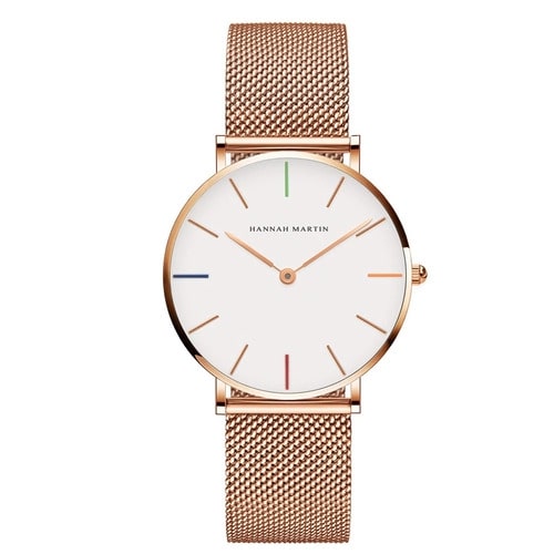 Hannah Martin Women Watch – Japan Quartz Minimalist Rose Gold Mesh Luxury Dress Watch with Colorful Markers