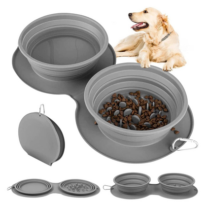 2-Pack Collapsible Slow Feeder Dog Bowls 900 ml | Foldable Travel Pet Bowl Set with Mat & Carabiner