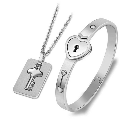 Couples Lock and Key Bracelet Necklace Set – Matching Heart Padlock Bangle & Key Pendant for Lovers
