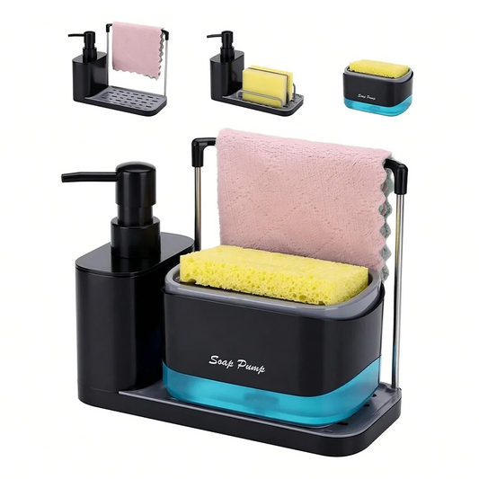 5-in-1 Kitchen Sink Organizer with Dual Soap Dispenser – Hand & Dish Soap Pump with Sponge Holder & Dishcloth Bar