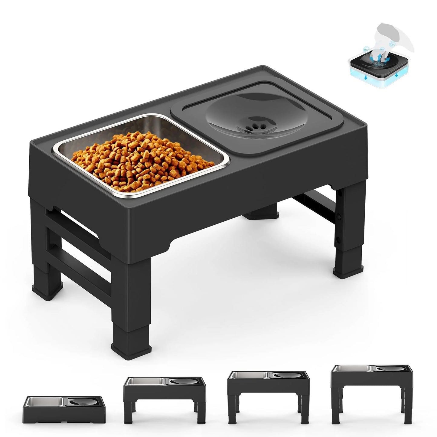 Adjustable Elevated Dog Bowls 4 Heights with Slow Feeder & No-Spill Water Bowl | Raised Feeder for Medium & Large Dogs