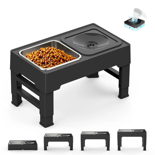 Adjustable Elevated Dog Bowls 4 Heights with Slow Feeder & No-Spill Water Bowl | Raised Feeder for Medium & Large Dogs