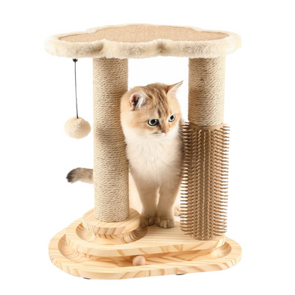 4-in-1 Cloud Cat Scratching Post with Ball Track & Groomer | Multi-Level Cat Tower Play Center