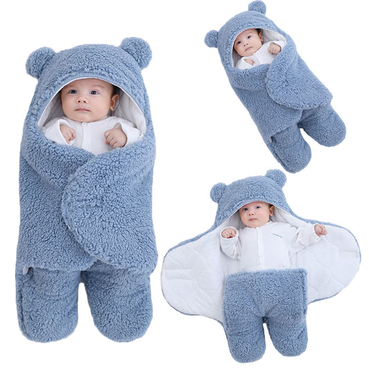 Newborn Teddy Bear Swaddle Wrap with Ears 0-9 Months | Ultra-Soft Fleece Baby Sleeping Bag Blanket
