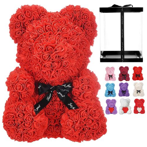 40 cm Rose Bear Teddy – Handmade Artificial Rose Flower Bear with Gift Box, Perfect Romantic Gift for Her