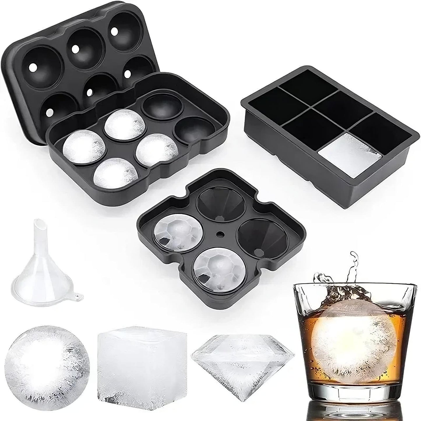 Crystal Clear Ice Ball Maker Set – Sphere, Cube & Diamond Silicone Ice Molds with Lids – Whiskey & Cocktail Ice Tray Gift