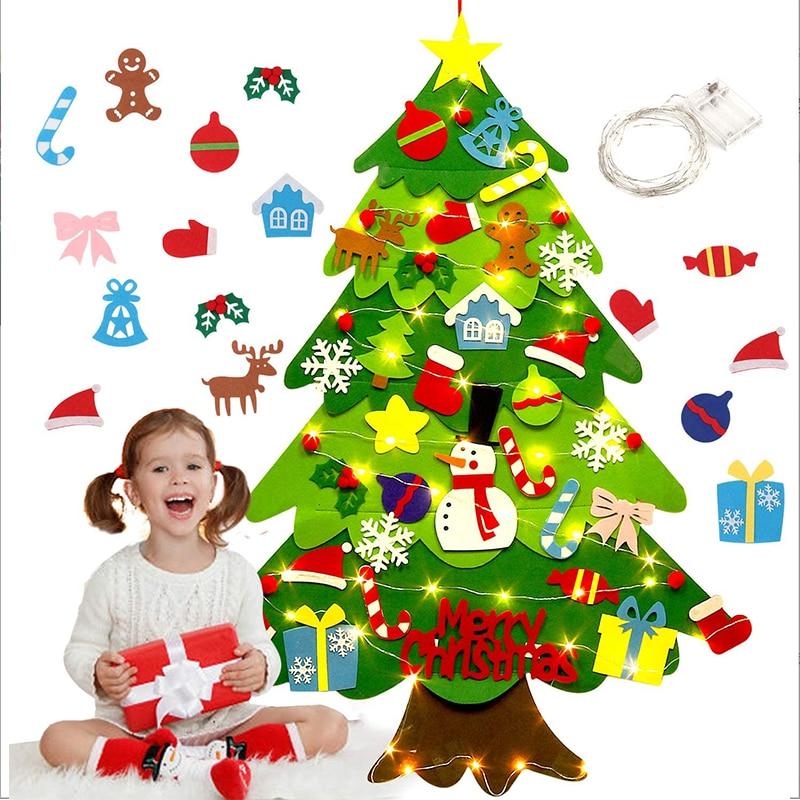 Kids DIY Felt Christmas Tree with LED Lights – 100 cm Wall-Mounted Toddler Tree + 30 Ornaments