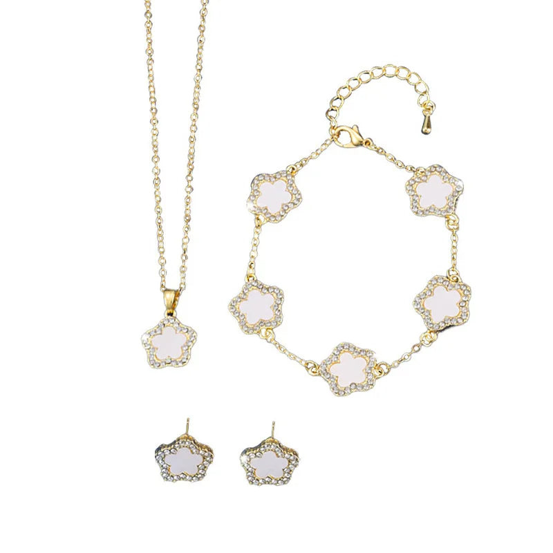 Lucky Clover Flower Jewelry Set for Women – 3-Piece Necklace, Bracelet & Earrings – Good Luck Gift