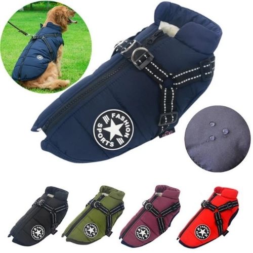 Waterproof Dog Harness Jacket – Winter Warm Fleece Lined Pet Coat with Built-In Harness for Small to Large Dogs