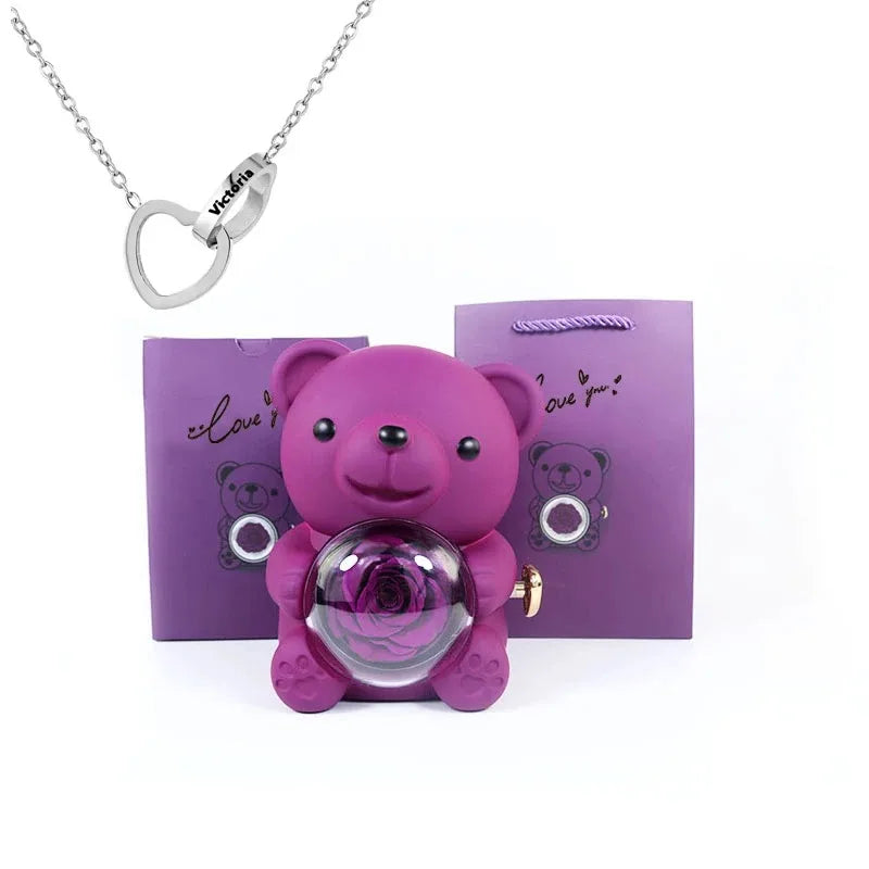 Eternal Rose Teddy Bear with Necklace – Luxury Rotating Jewelry Box Gift Set for Her (Valentine’s, Anniversary, Birthday)