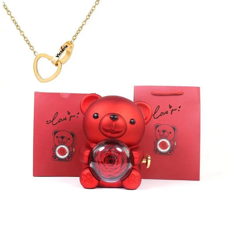 Eternal Rose Teddy Bear with Necklace – Luxury Rotating Jewelry Box Gift Set for Her (Valentine’s, Anniversary, Birthday)