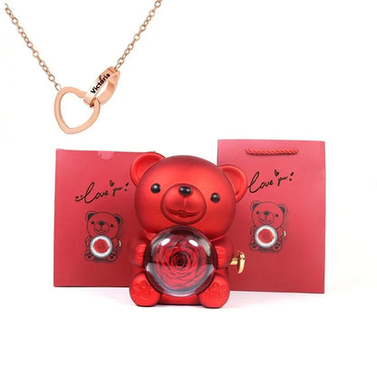 Eternal Rose Teddy Bear with Necklace – Luxury Rotating Jewelry Box Gift Set for Her (Valentine’s, Anniversary, Birthday)
