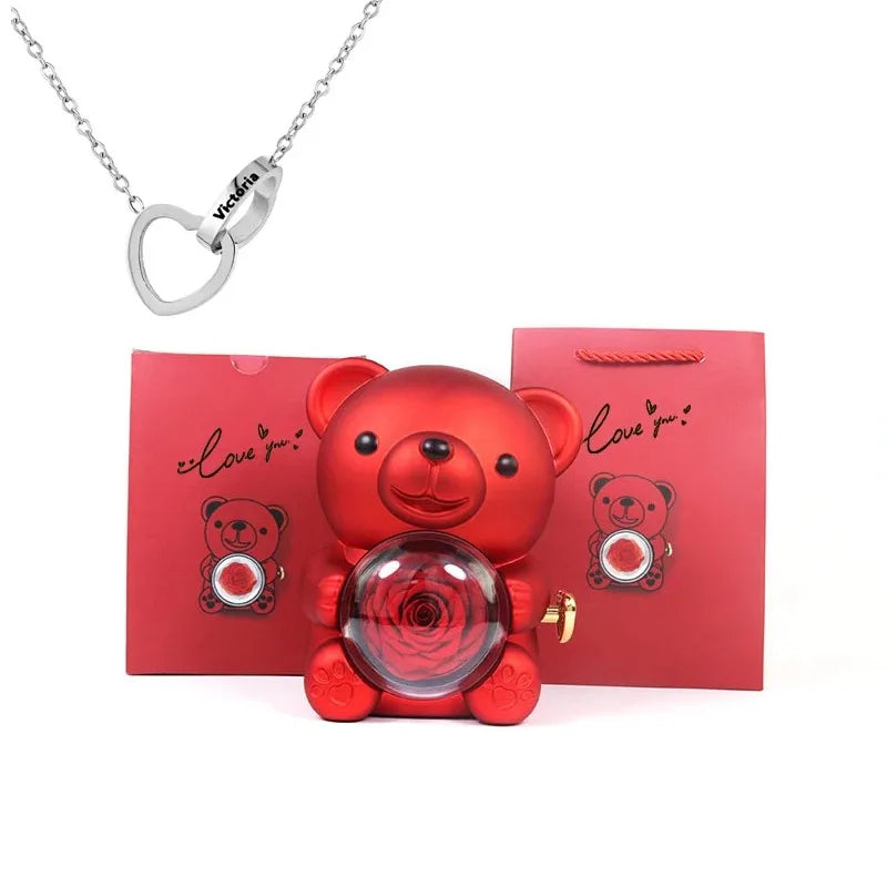 Eternal Rose Teddy Bear with Necklace – Luxury Rotating Jewelry Box Gift Set for Her (Valentine’s, Anniversary, Birthday)