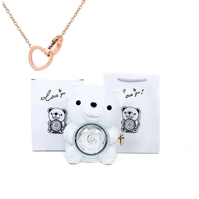 Eternal Rose Teddy Bear with Necklace – Luxury Rotating Jewelry Box Gift Set for Her (Valentine’s, Anniversary, Birthday)