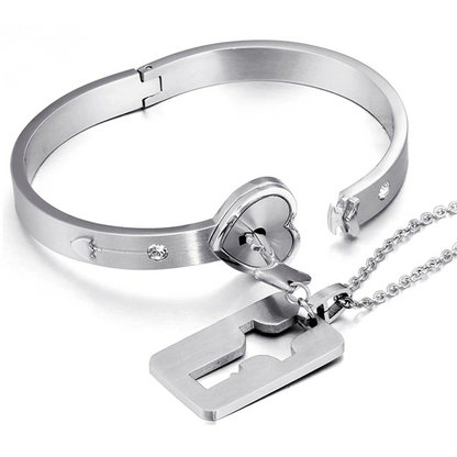 Couples Lock and Key Bracelet Necklace Set – Matching Heart Padlock Bangle & Key Pendant for Lovers