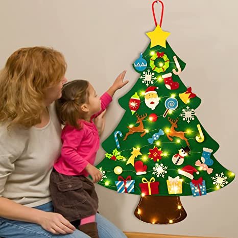 Kids DIY Felt Christmas Tree with LED Lights – 100 cm Wall-Mounted Toddler Tree + 30 Ornaments