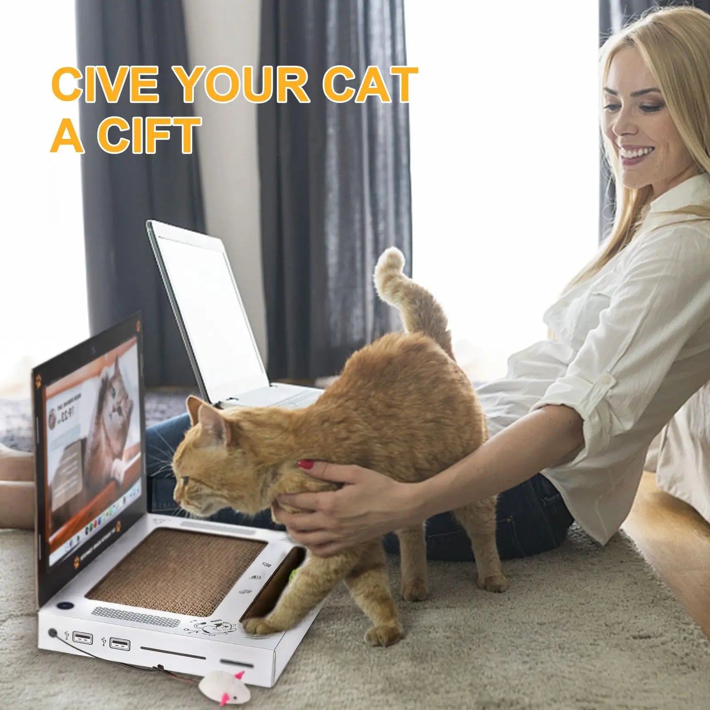 Laptop Cat Scratcher with Mouse Toy & Ball Track | Funny Cardboard Cat Scratching Board