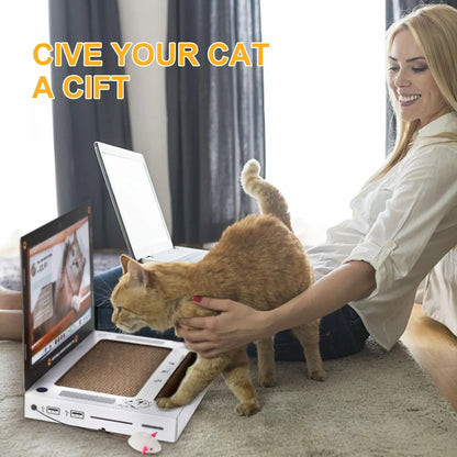 Laptop Cat Scratcher with Mouse Toy & Ball Track | Funny Cardboard Cat Scratching Board