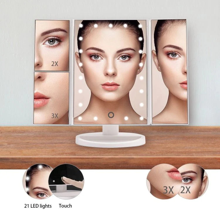 3-Panel LED Makeup Mirror with 2X/3X Magnification | Touch-Control 3-Color Light Vanity Mirror | Foldable & Rechargeable