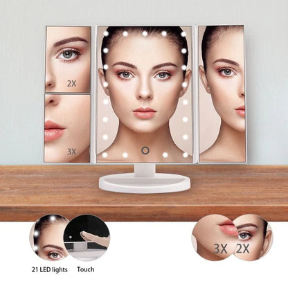 3-Panel LED Makeup Mirror with 2X/3X Magnification | Touch-Control 3-Color Light Vanity Mirror | Foldable & Rechargeable