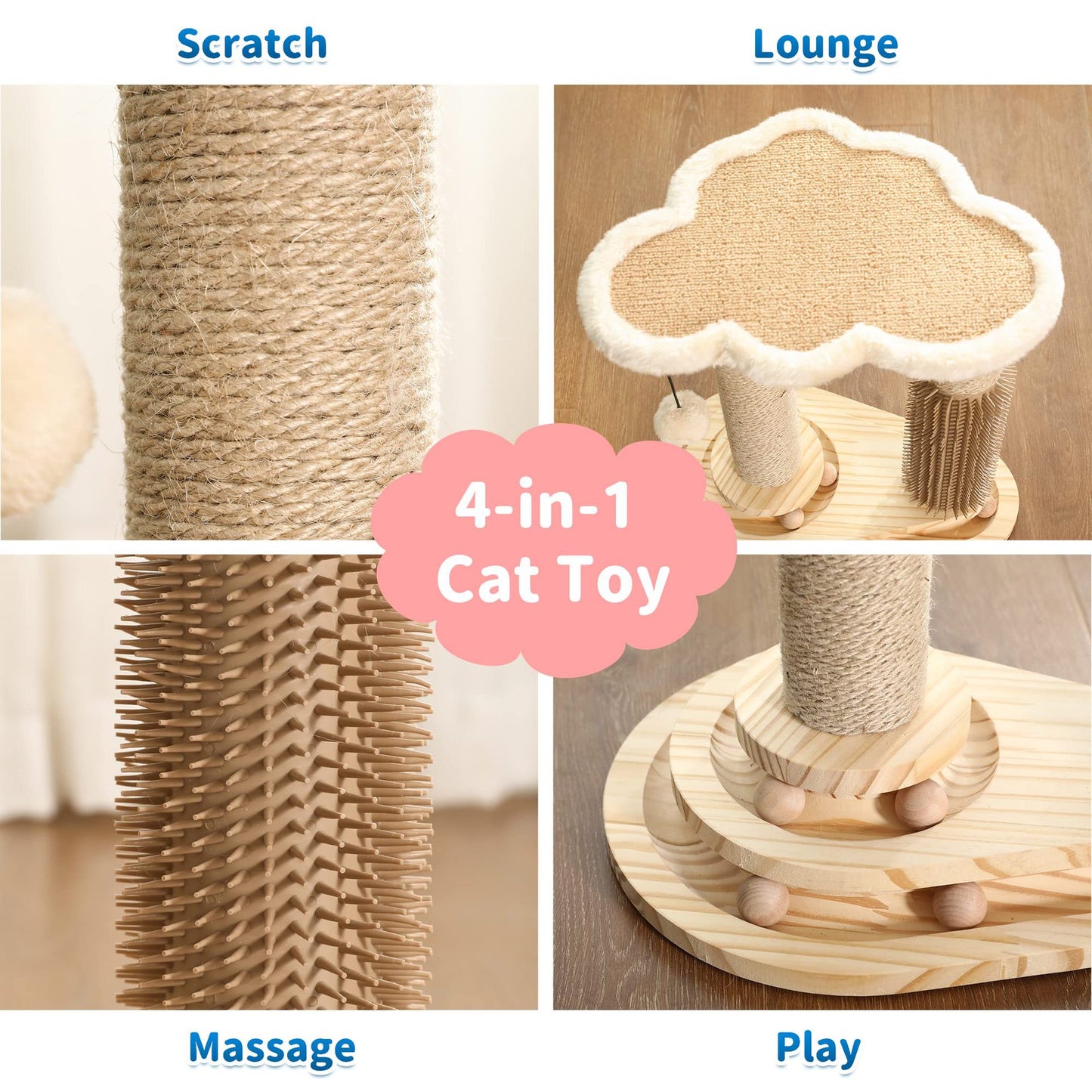 4-in-1 Cloud Cat Scratching Post with Ball Track & Groomer | Multi-Level Cat Tower Play Center