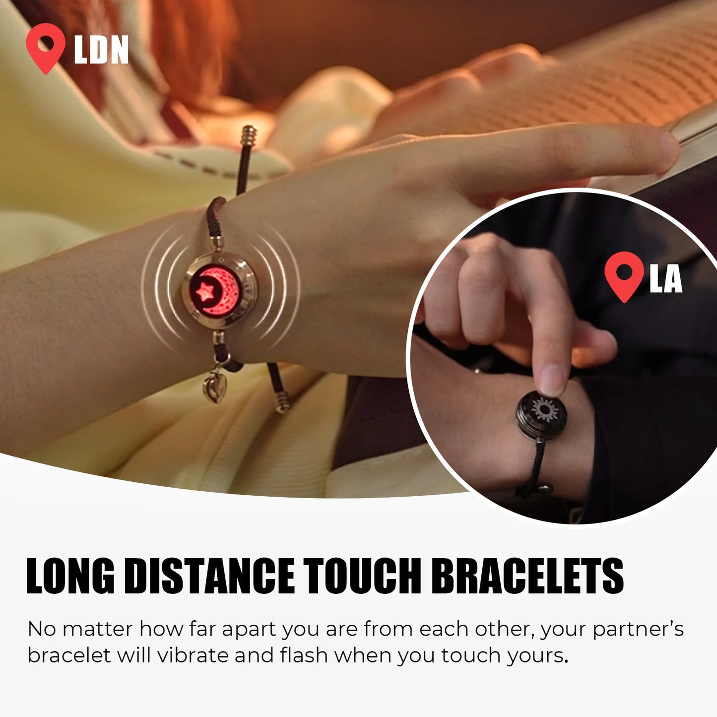 Totwoo Sun & Moon Long Distance Touch Bracelets – Smart Vibration Love Bracelets for Couples with App, Lights & Messages