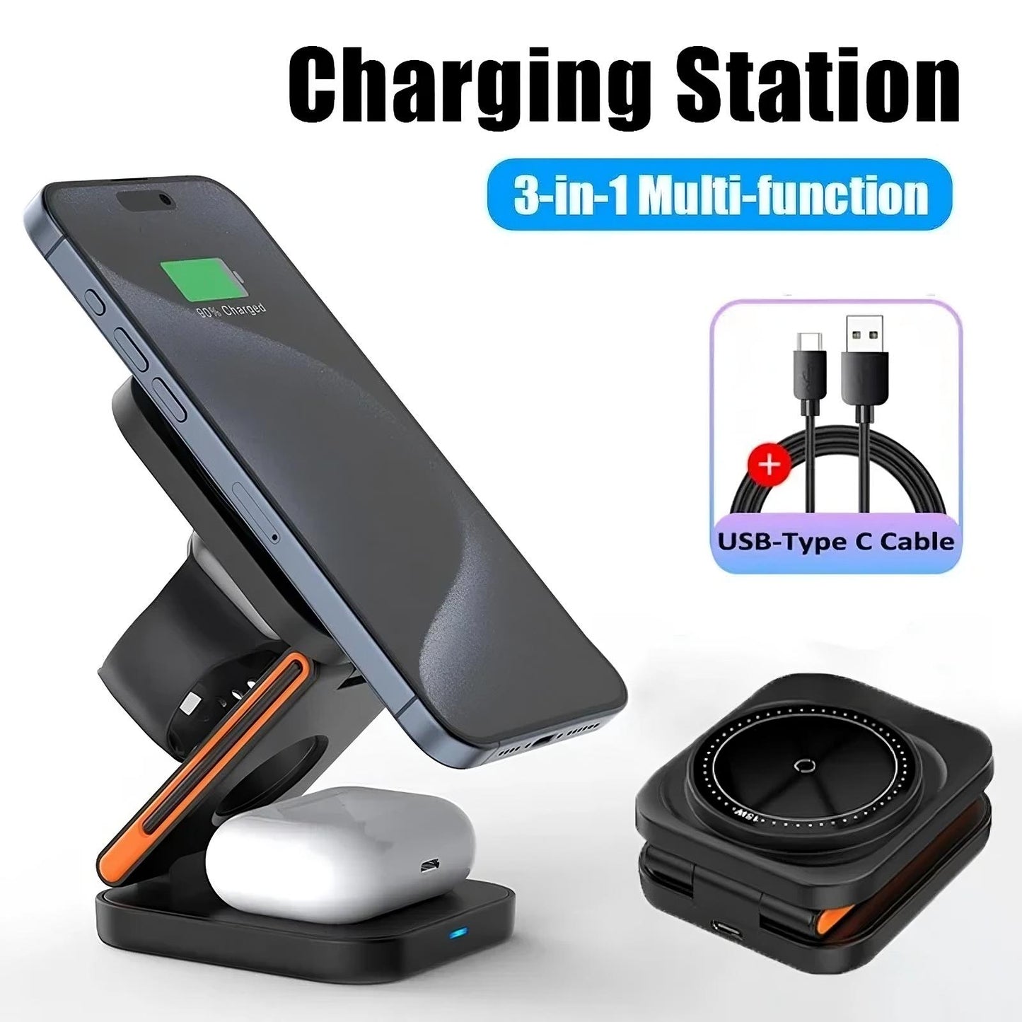 3-in-1 Foldable Wireless Charging Station – MagSafe Compatible Charger for iPhone, Apple Watch &amp; AirPods