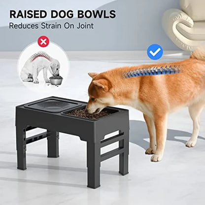 Adjustable Elevated Dog Bowls 4 Heights with Slow Feeder & No-Spill Water Bowl | Raised Feeder for Medium & Large Dogs