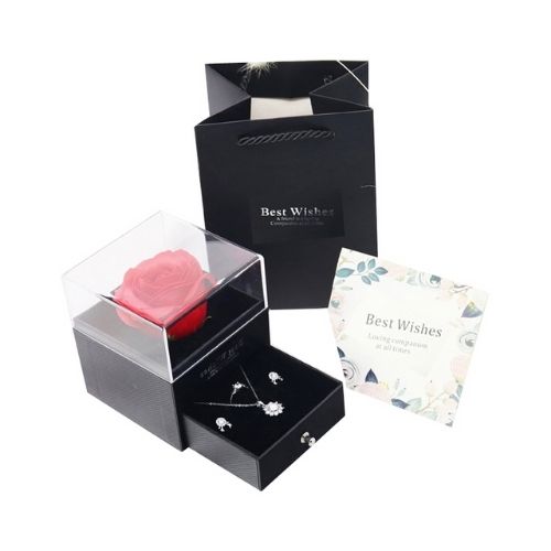 Preserved Eternal Rose with “I Love You” in 100 Languages Necklace – Forever Rose Jewelry Gift Box Set for Her