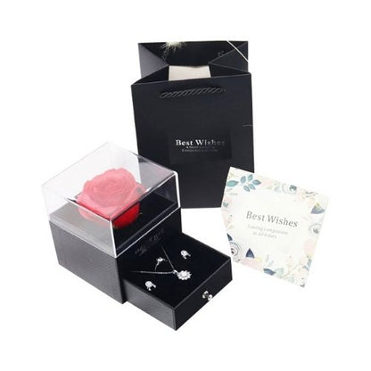 Preserved Eternal Rose with “I Love You” in 100 Languages Necklace – Forever Rose Jewelry Gift Box Set for Her