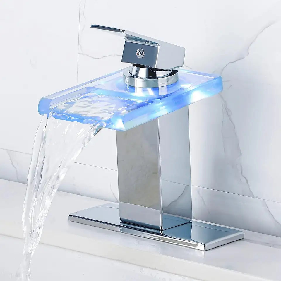 LED Waterfall Bathroom Faucet – Colour-Changing Temperature Indicator (Self-Powered, No Batteries)