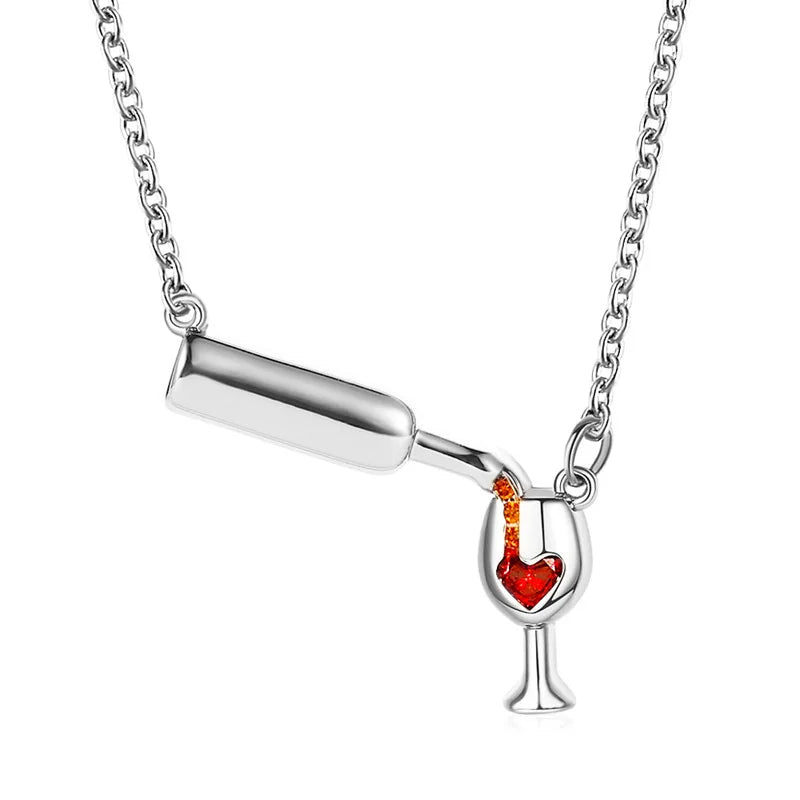 Wine Bottle & Glass Necklace with Red Heart Crystal | Rose Gold / Gold / Silver Pouring Wine Pendant