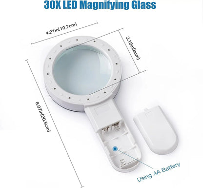 30X Handheld Magnifying Glass with 12 LED Lights | Real Glass Lens Illuminated Magnifier for Reading & Hobbies